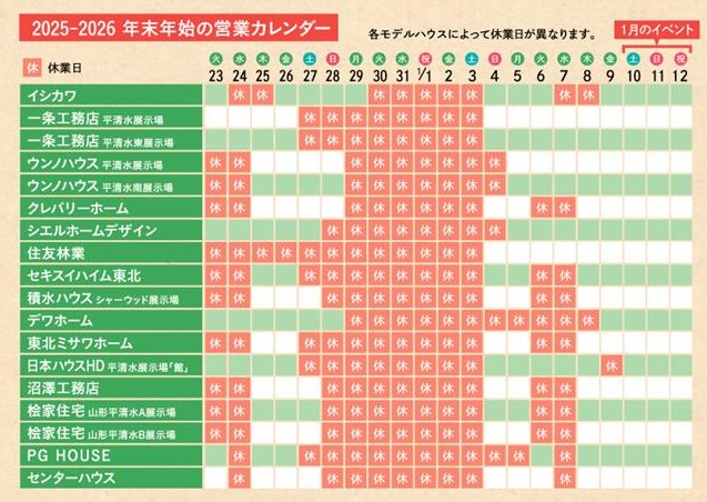 ハウジングプラザ平清水 2025-2026 年末年始営業カレンダー